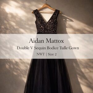 Aidan Mattox Double V Beaded Tulle Gown Black Size 2 NWT